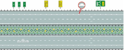 高速公路两侧白色半圆状的间隔距离是50米。